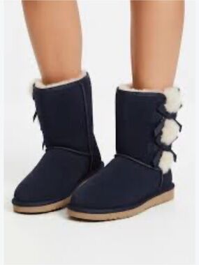 UGG Koolaburra Navy Faux Suede Boots with Cream Pom Accents 12